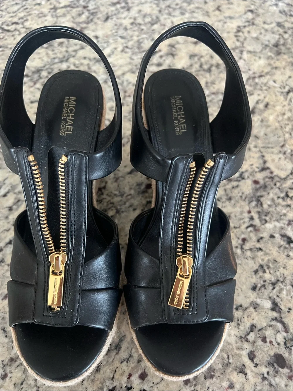 Michael Kors Black Leather Wedge Sandals with Gold Zipper Detail